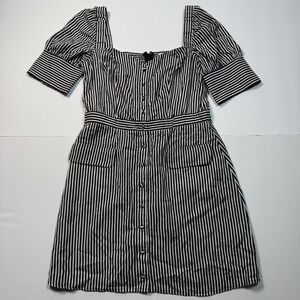 Ali & Jay Dress Womens Medium Black White Striped Puff Sleeve Button READ